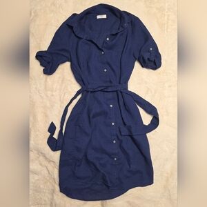 Elegant Blue Button-Up 100% Linen Dress